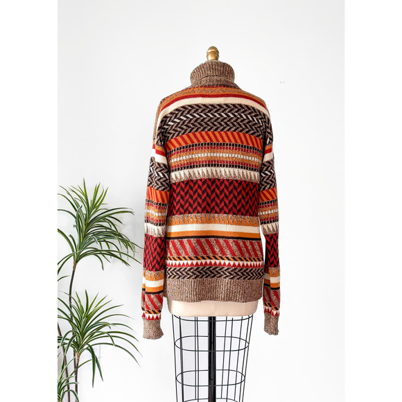 Vintage 70s Saint Laurent Rive Gauche Brown Rust Cream Knit Turtleneck Sweater - Picture 10 of 12